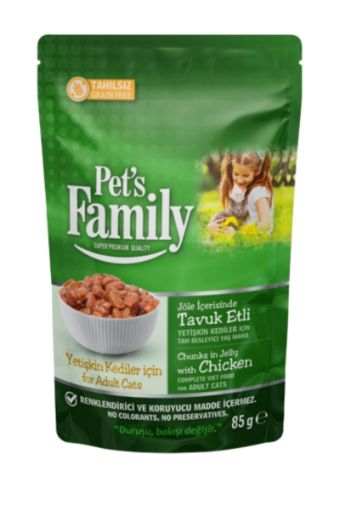 PET'S FAMILY POUCH YETİŞKİN KEDİ MAMASI 85GR TAVUKLU JÖLELİ. ürün görseli